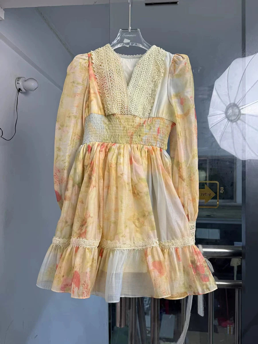 Hit Color Loose Dresses For Women V Neck Long Sleeve High Waist Temperament Mini Dress Female Fashion Style Clothes