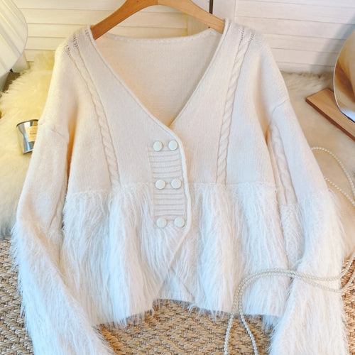Load image into Gallery viewer, Korean Vintage White Double Breasted Festival Knit Cardigan Sweater Women Clothes Beige V Neck Long Sleeve Asymmetric Tops Trend
