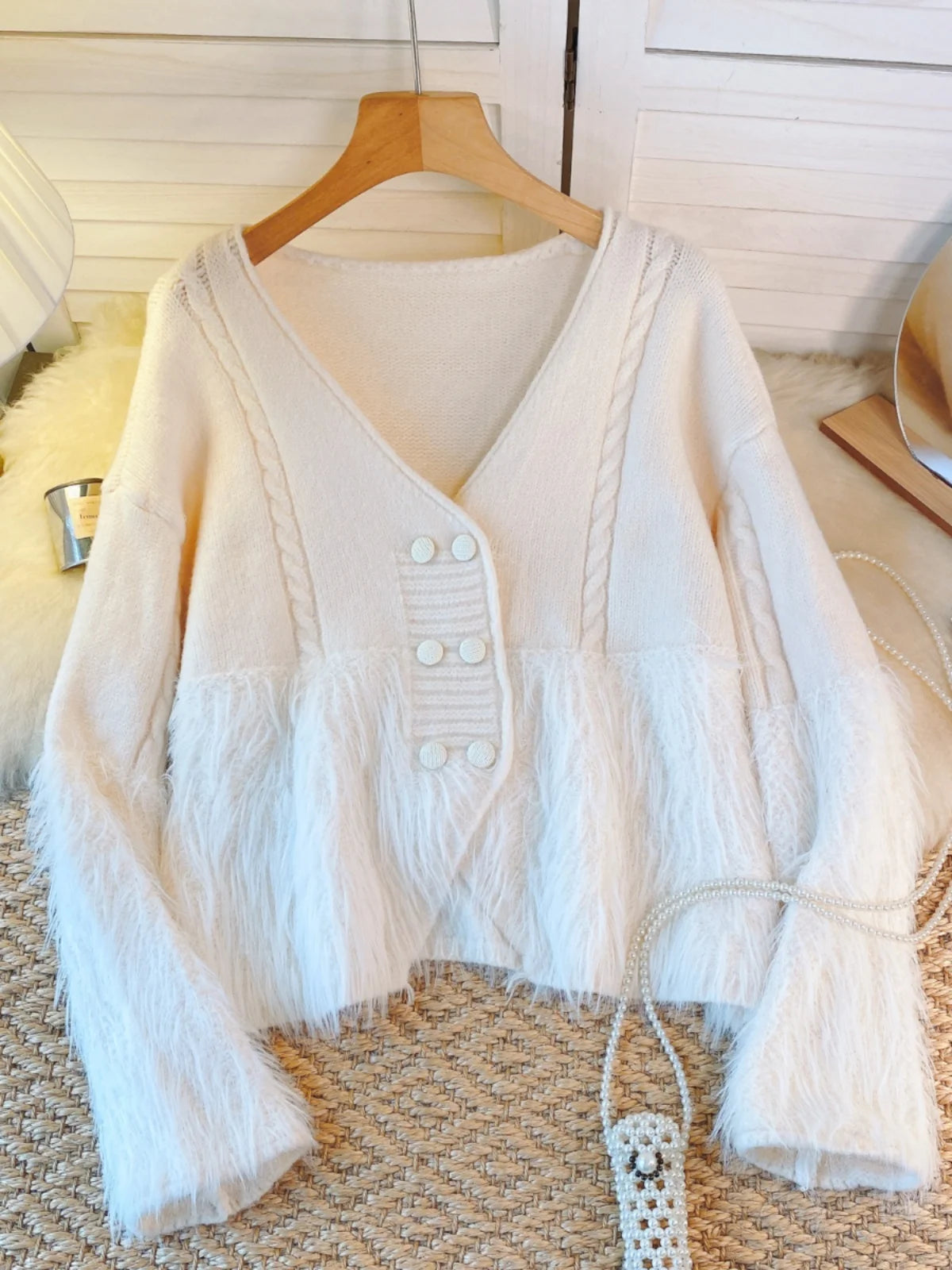 Korean Vintage White Double Breasted Festival Knit Cardigan Sweater Women Clothes Beige V Neck Long Sleeve Asymmetric Tops Trend
