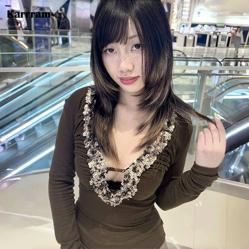 Load image into Gallery viewer, Japanese Y2k V-neck Sequin Tops Trashy 2000s Style Sxey Long Sleeve T-shirt Vintage Harajuku Slim Tops American Retro
