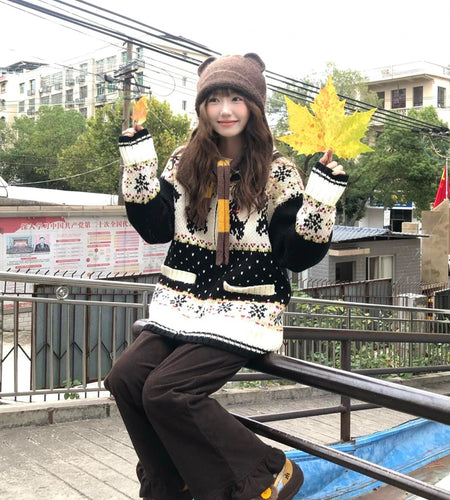 Christmas Knitted Cardigan Women Y2k Aesthetic Zippers Contrast Color Sweater Grunge Vintage Casual Pocket Harajuku Vintage Tops