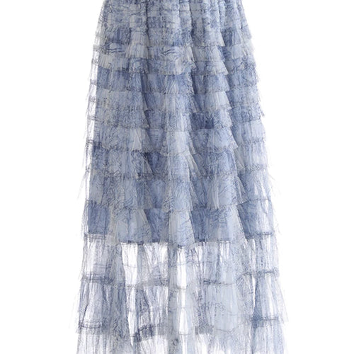Load image into Gallery viewer, High Elastic Waist Blue Tie Dye Mesh Layers Cake Half-body Skirt Women Fashion Tide New Spring Autumn 2025 1DJ1140
