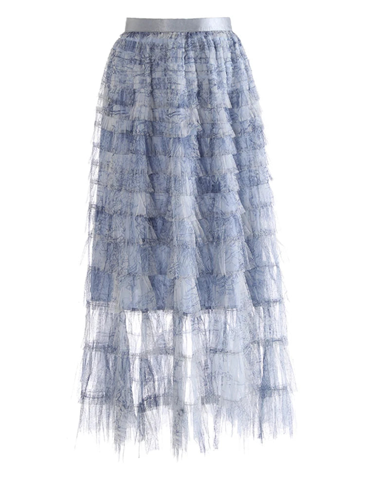 High Elastic Waist Blue Tie Dye Mesh Layers Cake Half-body Skirt Women Fashion Tide New Spring Autumn 2025 1DJ1140
