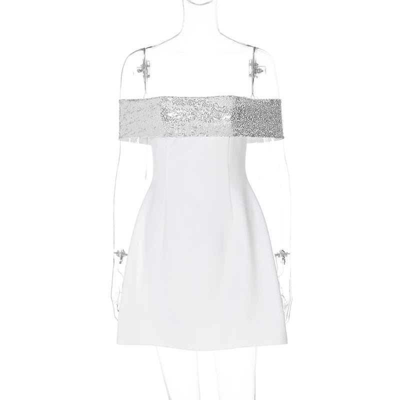 Off-shoulder Sequins Strapless Sexy Mini Dress Women Fashion Sleeveless Backless Sparkle High Waist Club Sexy Dress