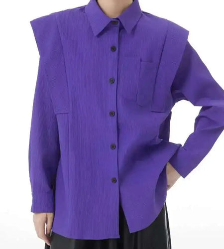 Women Purple Corduroy Shaped Big Size Elegant Blouse New Lapel Long Sleeve Shirt Fashion Tide Spring Autumn 2025 1DH4096