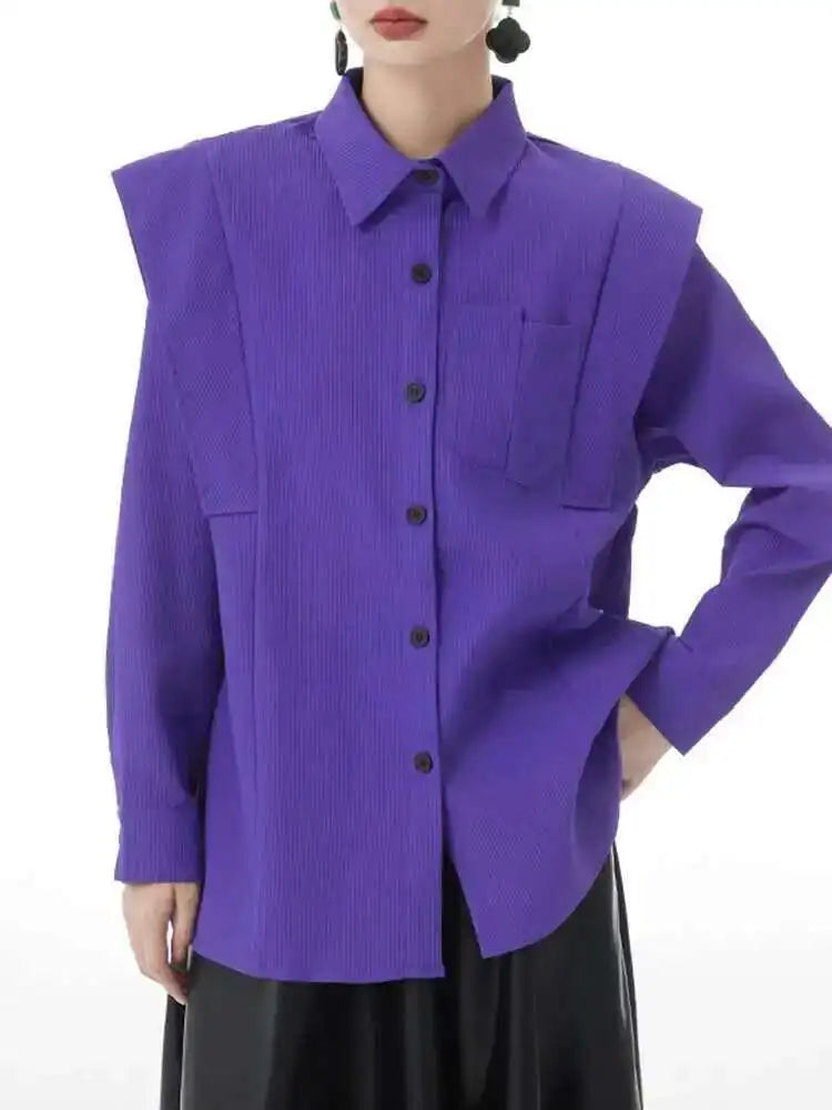 Women Purple Corduroy Shaped Big Size Elegant Blouse New Lapel Long Sleeve Shirt Fashion Tide Spring Autumn 2025 1DH4096