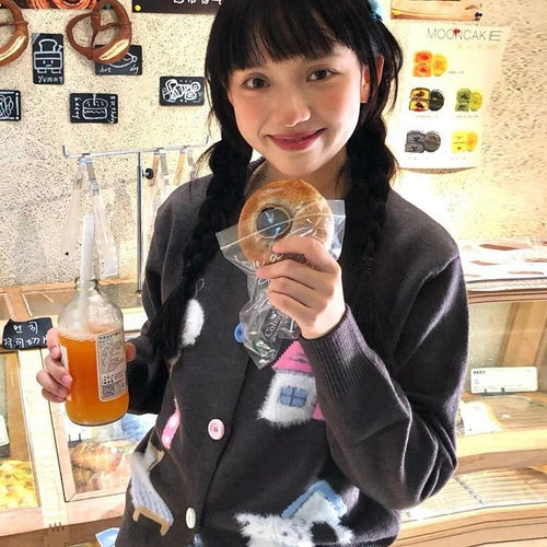 Load image into Gallery viewer, Preppy Style Kawaii Cartoon Jacquard Knited Cardigan Women Casual Loose Sweater Jackets 2025 Spring Grunge Cropped Kardigany
