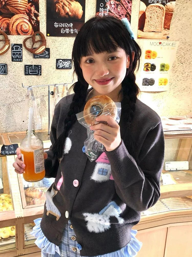 Preppy Style Kawaii Cartoon Jacquard Knited Cardigan Women Casual Loose Sweater Jackets 2025 Spring Grunge Cropped Kardigany