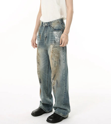 Men's Jeans New American Style High Street Graffiti Design Straight Wide Leg Trendy Distressed Male Denim Pants 9W1836
