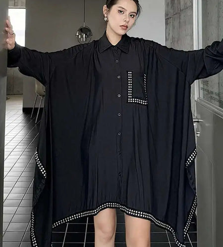 Women Black Irregular Hem Rivet Pocket Big Size Shirt Dress New Lapel Long Sleeve Fashion Tide Spring Autumn 2025 1DH7268