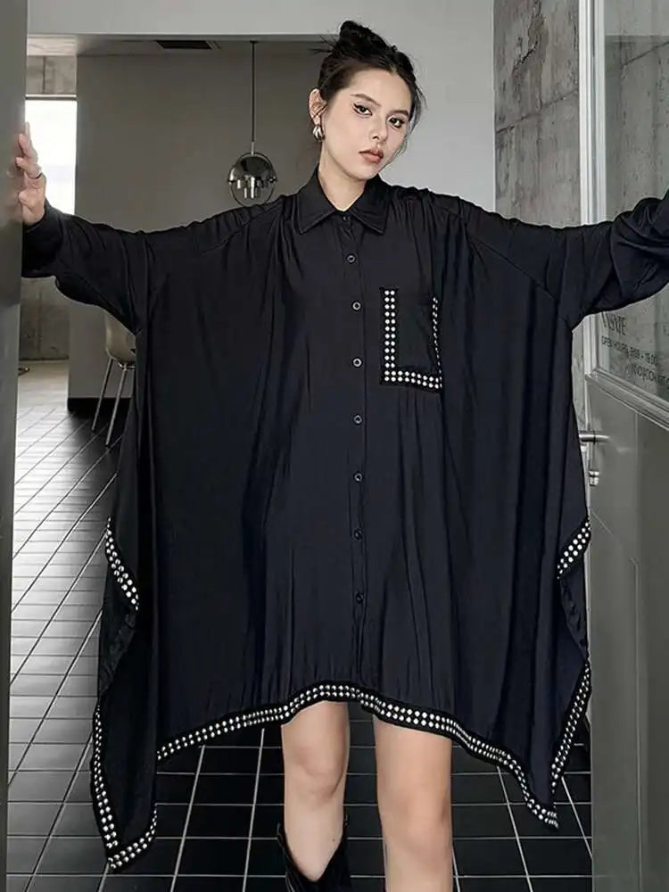 Women Black Irregular Hem Rivet Pocket Big Size Shirt Dress New Lapel Long Sleeve Fashion Tide Spring Autumn 2025 1DH7268