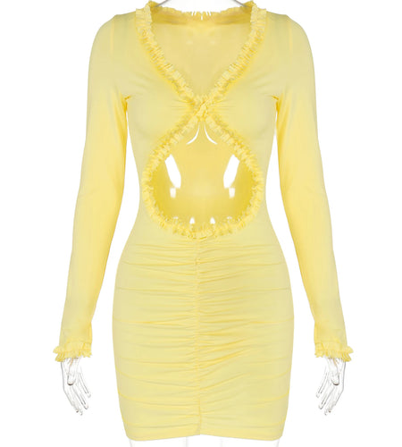 Solid V Neck Long Sleeve Hollow Out Sexy Bodycon Pleated Mini Dress Fall Women Elegant Y2K Outfits Party Festival