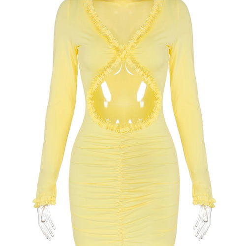 Load image into Gallery viewer, Solid V Neck Long Sleeve Hollow Out Sexy Bodycon Pleated Mini Dress Fall Women Elegant Y2K Outfits Party Festival
