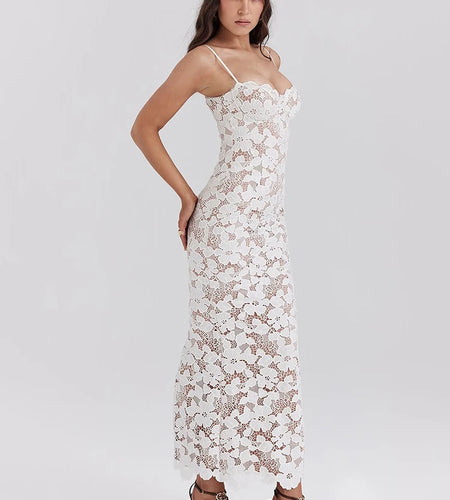 Floral Embroidery Sexy Maxi Dress For Women Fashion Spaghetti Strap Sleeveless Backless Lace-up Club Party Long Dress