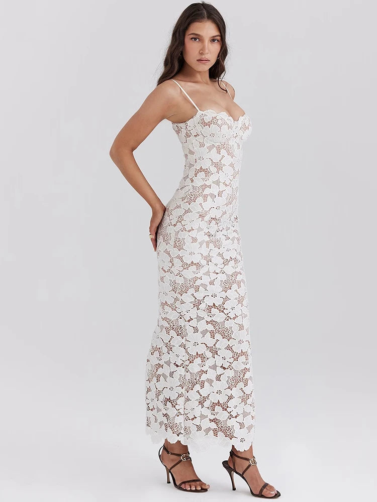 Floral Embroidery Sexy Maxi Dress For Women Fashion Spaghetti Strap Sleeveless Backless Lace-up Club Party Long Dress