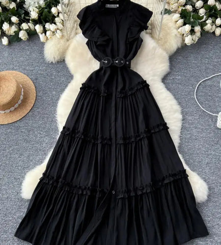 Vintage New Summer Women Black Evening Party Ruffle Edge Long Dress French White Elegant Sleeveless Slim Prom Pleated Vest Dress