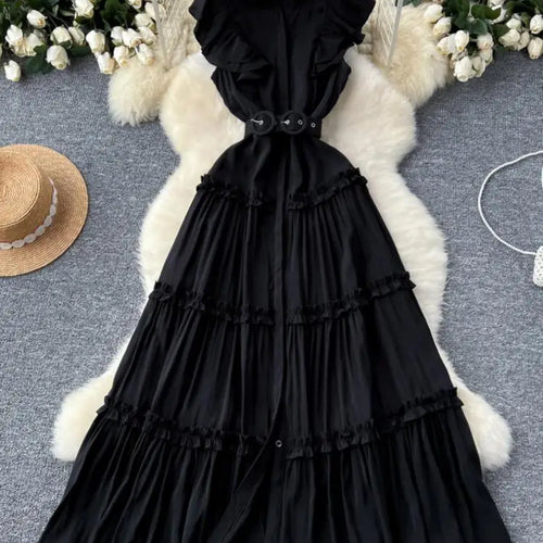 Load image into Gallery viewer, Vintage New Summer Women Black Evening Party Ruffle Edge Long Dress French White Elegant Sleeveless Slim Prom Pleated Vest Dress
