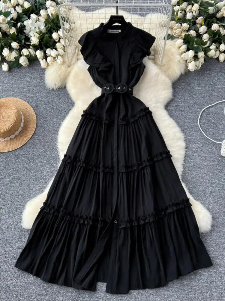 Vintage New Summer Women Black Evening Party Ruffle Edge Long Dress French White Elegant Sleeveless Slim Prom Pleated Vest Dress