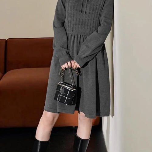 Load image into Gallery viewer, French Vintage Fashion Women Grey Festival Long Sleeved Lace-up Midi Dress Spring High Waist Pleated Knitted Dress Popular Trend

