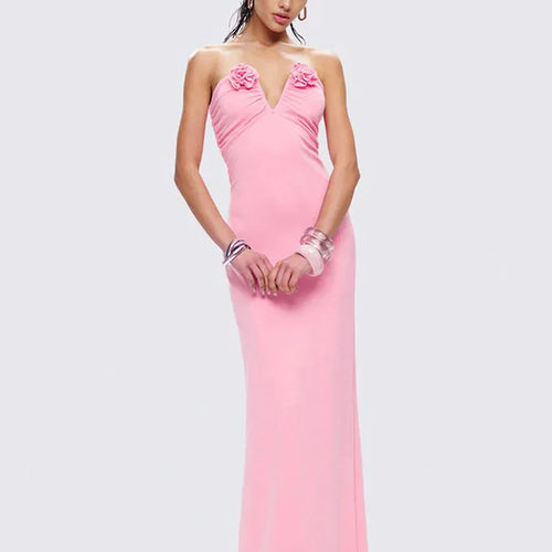 Load image into Gallery viewer, Rose Strapless Sexy Maxi Dress Women Pink Gown Off-shoulder V Neck Backless Sleeveless Bodycon Beach Club Long Dress
