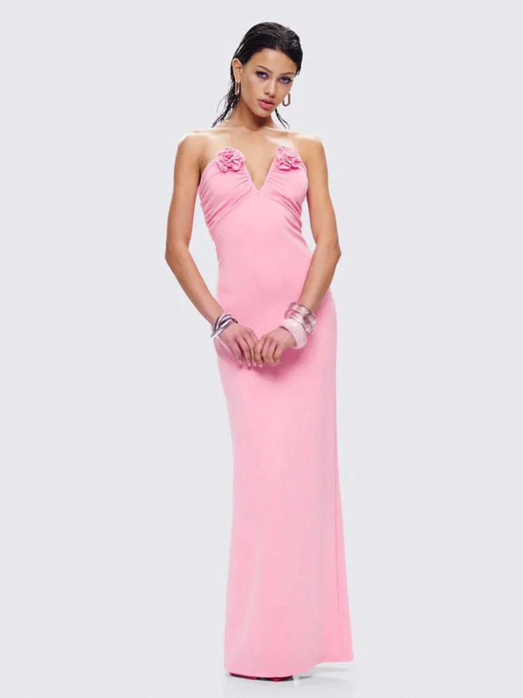 Rose Strapless Sexy Maxi Dress Women Pink Gown Off-shoulder V Neck Backless Sleeveless Bodycon Beach Club Long Dress