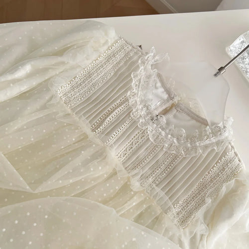 Load image into Gallery viewer, French Women Beige Dot Lace Festival Pleated Shirt Chic Round Neck Long Sleeve Ladies Versatile Princess Tops Spring Autumn 2025
