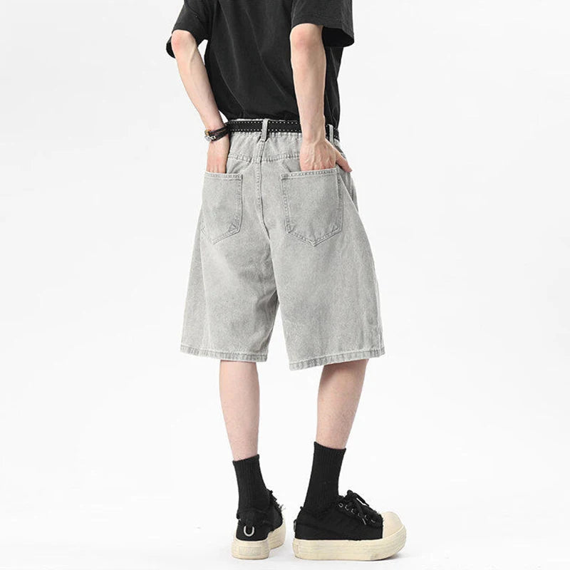 Men's Denim Shorts New Summer American High Street Style Gradient Color Simple Straight Leg Trendy Male Pants 9W1811