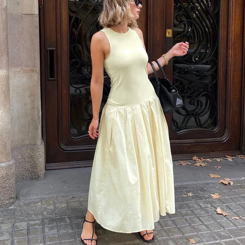 Load image into Gallery viewer, Patchwork Sleeveless Maxi Dress For Women Autumn New Casual Solid O Neck Loose A-line Long Tank Dress Elegant Fashion
