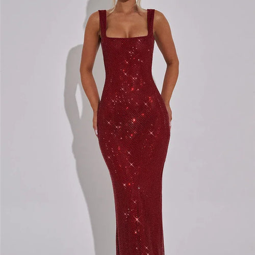 Load image into Gallery viewer, Sequins Backless Sexy Maxi Dress For Women Gown Fashion Sparkle Square Collar Sleeveless Bodycon Club Long Dress
