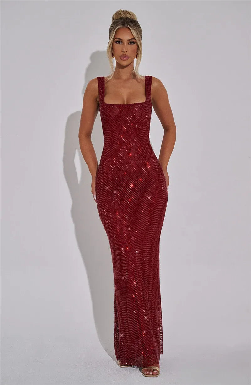 Sequins Backless Sexy Maxi Dress For Women Gown Fashion Sparkle Square Collar Sleeveless Bodycon Club Long Dress