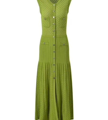 Ladies 2024 Summer Black Sexy Sleeveless O-neck Single Breasted Knit Dress Women Green Elegant Slim Fashion Pleated Long Dresses