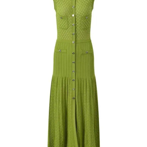 Load image into Gallery viewer, Ladies 2024 Summer Black Sexy Sleeveless O-neck Single Breasted Knit Dress Women Green Elegant Slim Fashion Pleated Long Dresses
