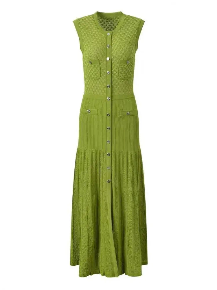 Ladies 2024 Summer Black Sexy Sleeveless O-neck Single Breasted Knit Dress Women Green Elegant Slim Fashion Pleated Long Dresses