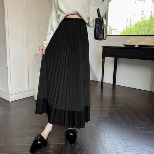 Load image into Gallery viewer, Autumn Winter New Black Beige Patchwork Mesh Elegant High Waist Long Skirt Women Brown Festival Pleated Skirt Simplicity Popular
