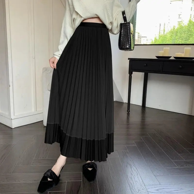 Autumn Winter New Black Beige Patchwork Mesh Elegant High Waist Long Skirt Women Brown Festival Pleated Skirt Simplicity Popular