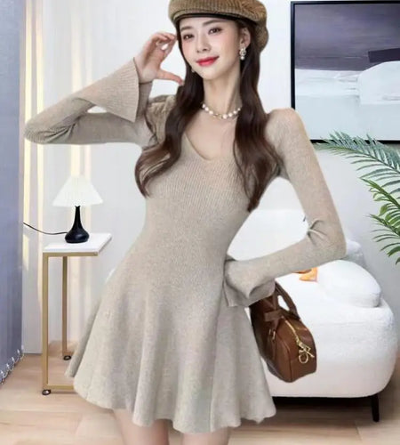 Women's Spring Autumn Vintage Black Flared Long Sleeved Knitted Short Dress Khaki V-neck High Waist Slim Pleated Mini Dress Chic