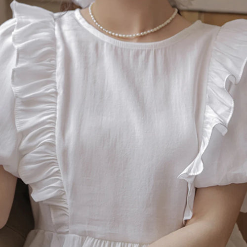 Load image into Gallery viewer, White Ruffles Puff Sleeve Hollow Women&#39;s Blouses Summer O-neck Solid Color Elegant Fashion Streetwear Casual Basic Blouse
