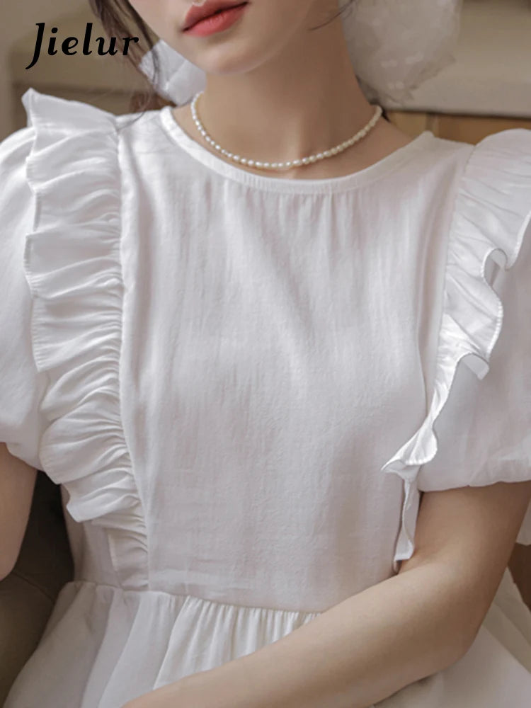 White Ruffles Puff Sleeve Hollow Women's Blouses Summer O-neck Solid Color Elegant Fashion Streetwear Casual Basic Blouse