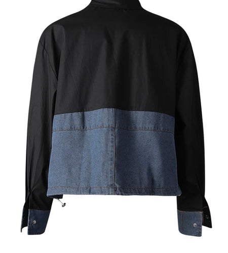 Women Wine Red Denim Bow Color-block Big Size Blouse New Lapel Long Sleeve Shirt Fashion Tide Spring Autumn 2025 CPG3256