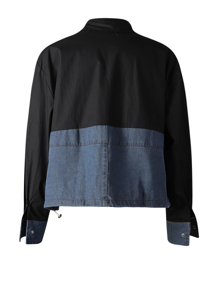 Women Wine Red Denim Bow Color-block Big Size Blouse New Lapel Long Sleeve Shirt Fashion Tide Spring Autumn 2025 CPG3256