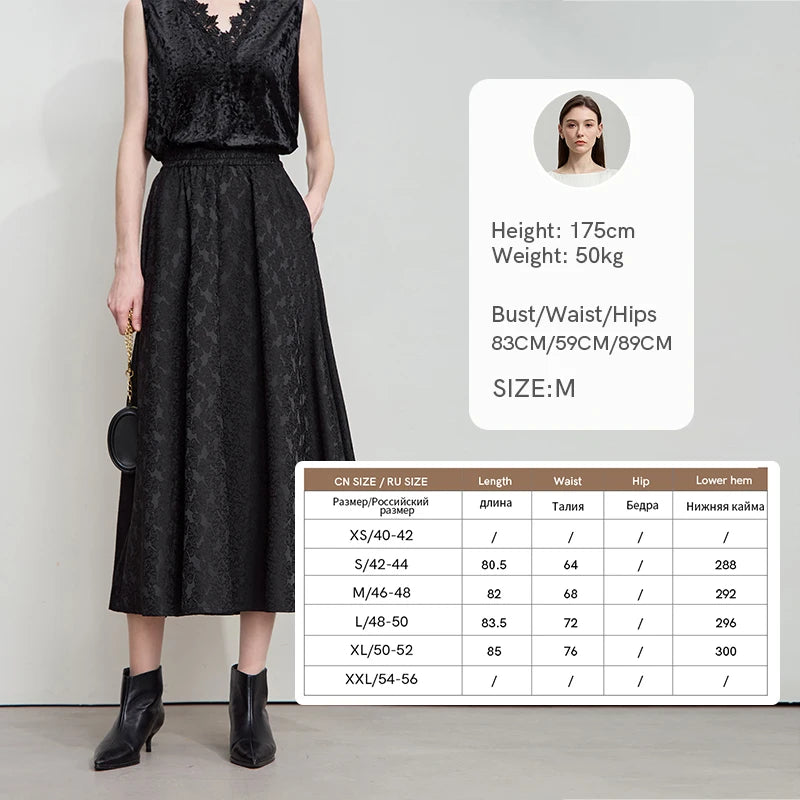 Minimalism 2025 Autumn Black A-line Women Skirt Luxury Style Lace Elegant Elastic Waistband Offcial Lady Skirts 12523037