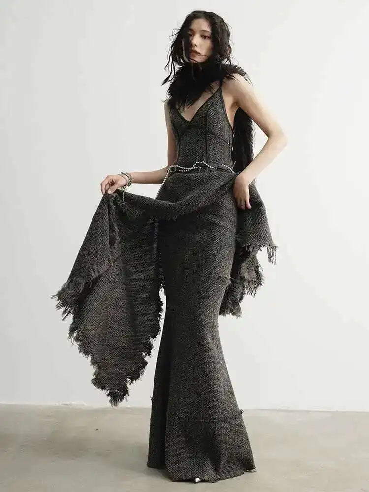 High Waist 25% Wool Burr Holes Floor-Length Elegant Half-body Skirt Women Fashion Tide New Autumn Winter 2025 1DH4037