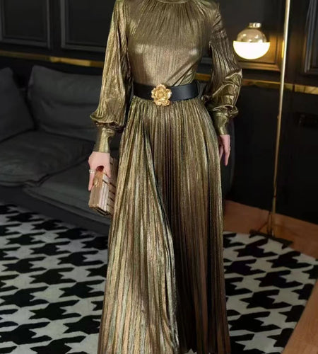 Solid Spliced Folds Temperament Dresses for Women Round Neck Long Sleeves Patchwork Belt Dress Female Clothing New