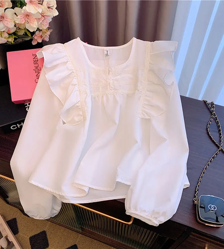 Vintage French White Elegant Loose Button Party Shirt Sweet Long Sleeves Ruffles O Neck Tops Women Orange Office Lady Blouse New