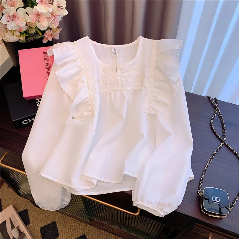Vintage French White Elegant Loose Button Party Shirt Sweet Long Sleeves Ruffles O Neck Tops Women Orange Office Lady Blouse New