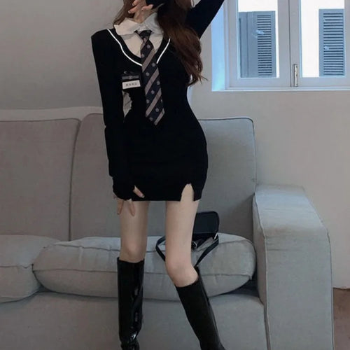 Load image into Gallery viewer, Korean Preppy Style School Student Dress Knit Knitted Design Bodycon Wrap Mini Short Dresses Split Women Autumn
