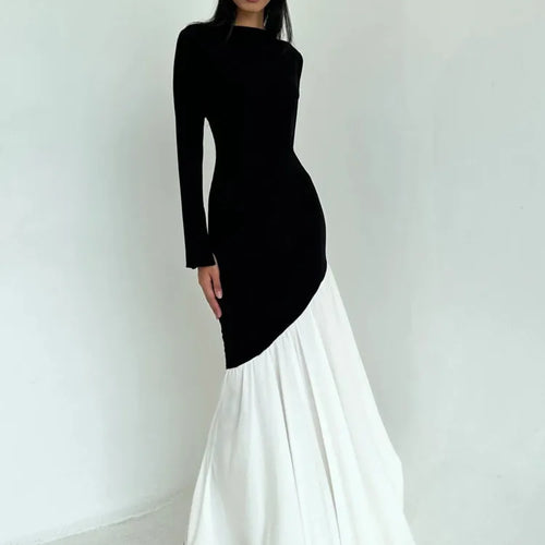 Load image into Gallery viewer, Fashion Long Sleeved Patchwork Bodycon Women Dress Round Neck Slim Elastic Autumn Winter New 2024 Pleated Maxi Vestido
