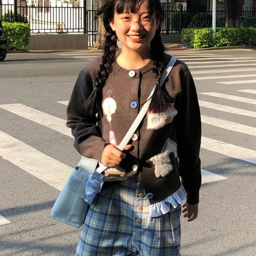 Load image into Gallery viewer, Preppy Style Kawaii Cartoon Jacquard Knited Cardigan Women Casual Loose Sweater Jackets 2025 Spring Grunge Cropped Kardigany
