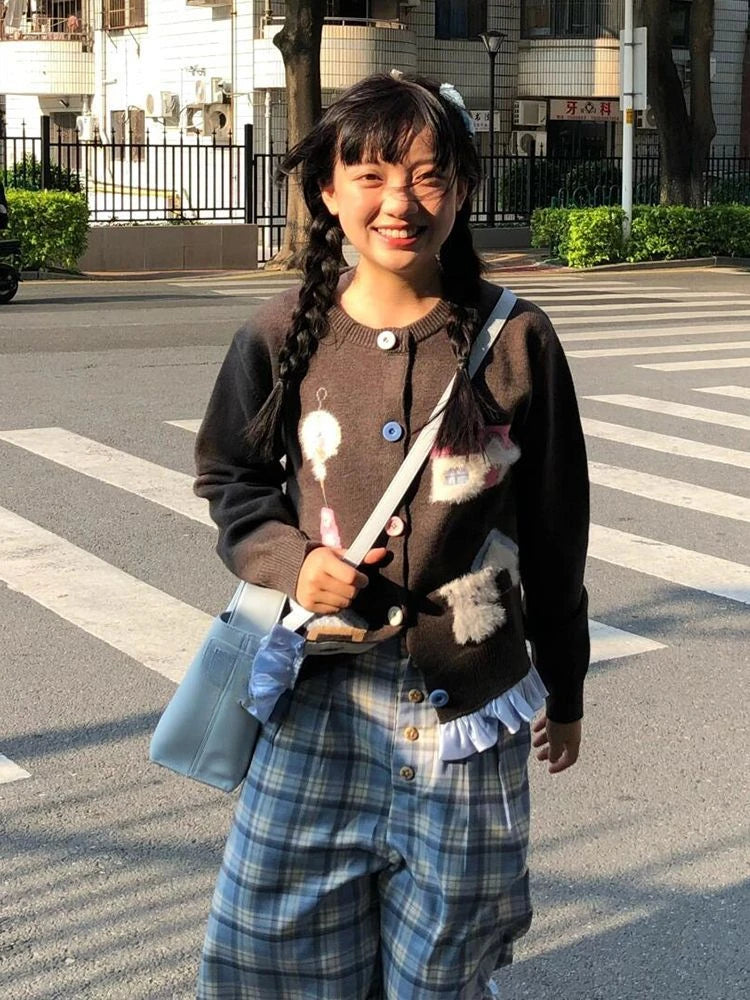 Preppy Style Kawaii Cartoon Jacquard Knited Cardigan Women Casual Loose Sweater Jackets 2025 Spring Grunge Cropped Kardigany