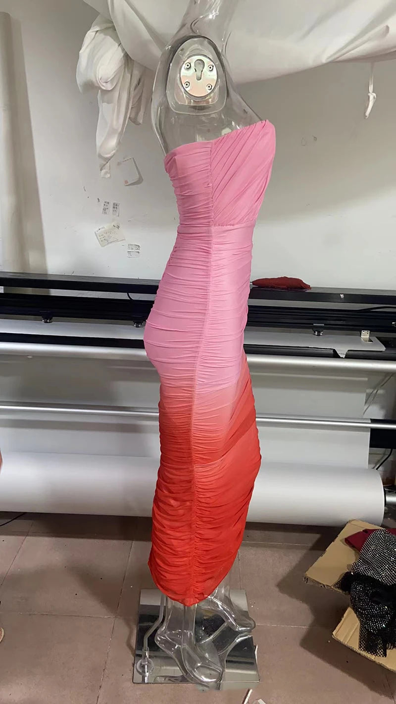Gradient Strapless Backless Sexy Maxi Dress For Women Fashion Off-shoulder Sleeveless Bodycon Back Split Long Dress